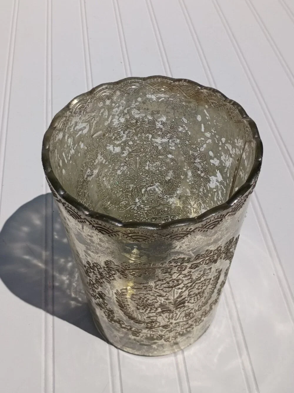 Vintage Glass Vase Floral Embossed Scalloped Rim Made in India Antique Style 7